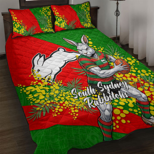 South Sydney Rabbitohs Quilt Bed Set Golden Wattle Floral Polynesian - Australian Flower - Rugby Mascot
