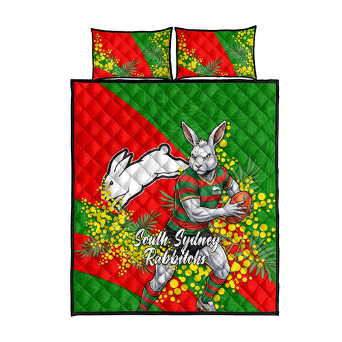 South Sydney Rabbitohs Quilt Bed Set Golden Wattle Floral Polynesian - Australian Flower - Rugby Mascot