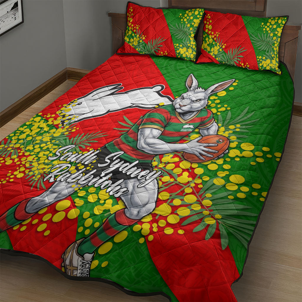 South Sydney Rabbitohs Quilt Bed Set Golden Wattle Floral Polynesian - Australian Flower - Rugby Mascot