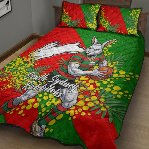 South Sydney Rabbitohs Quilt Bed Set Golden Wattle Floral Polynesian - Australian Flower - Rugby Mascot
