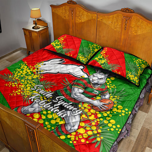 South Sydney Rabbitohs Quilt Bed Set Golden Wattle Floral Polynesian - Australian Flower - Rugby Mascot
