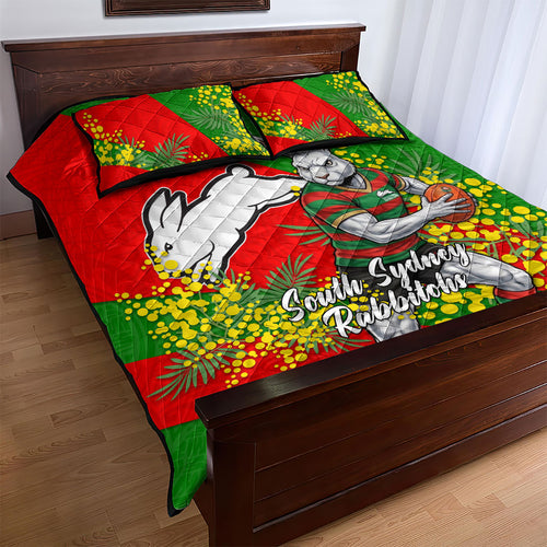 South Sydney Rabbitohs Quilt Bed Set Golden Wattle Floral Polynesian - Australian Flower - Rugby Mascot
