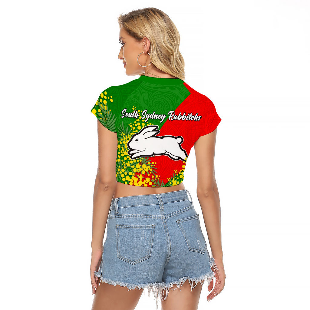 South Sydney Rabbitohs Raglan Cropped T Shirt Golden Wattle Floral Polynesian - Australian Flower - Rugby Mascot