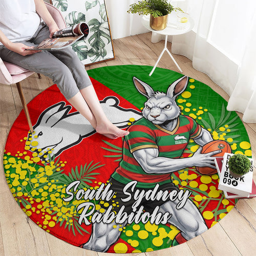 South Sydney Rabbitohs Round Carpet Golden Wattle Floral Polynesian - Australian Flower - Rugby Mascot