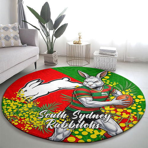 South Sydney Rabbitohs Round Carpet Golden Wattle Floral Polynesian - Australian Flower - Rugby Mascot