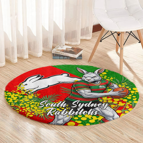 South Sydney Rabbitohs Round Carpet Golden Wattle Floral Polynesian - Australian Flower - Rugby Mascot