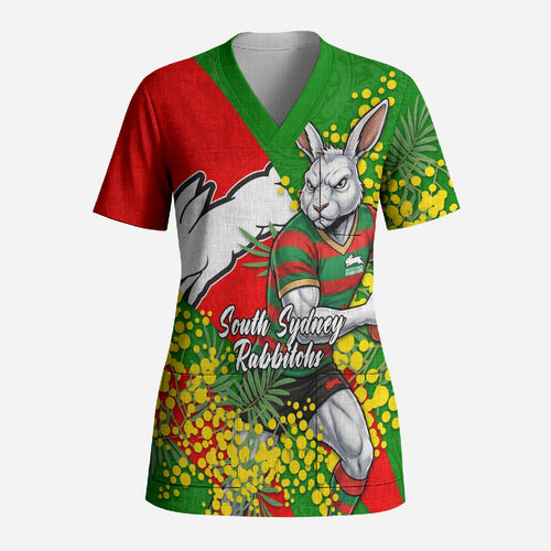 South Sydney Rabbitohs Scrub Top Golden Wattle Floral Polynesian - Australian Flower - Rugby Mascot