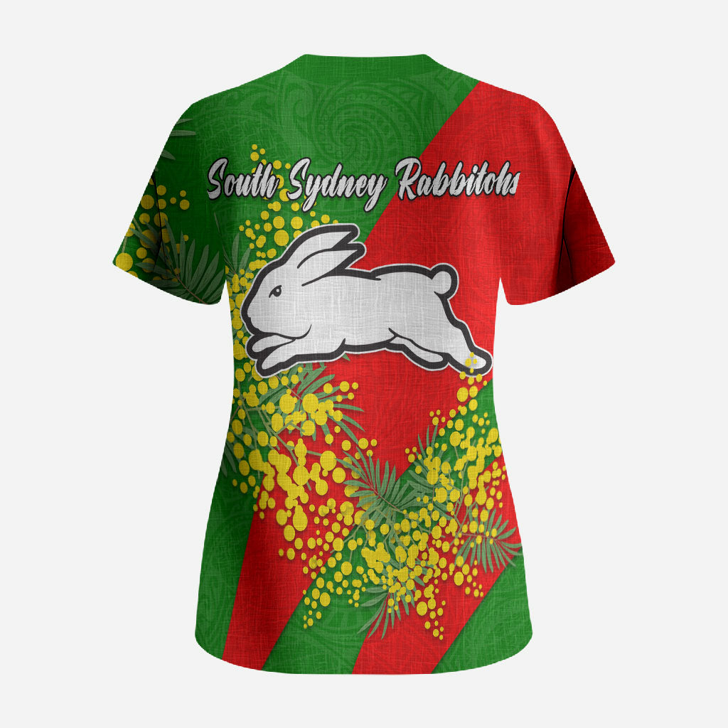 South Sydney Rabbitohs Scrub Top Golden Wattle Floral Polynesian - Australian Flower - Rugby Mascot