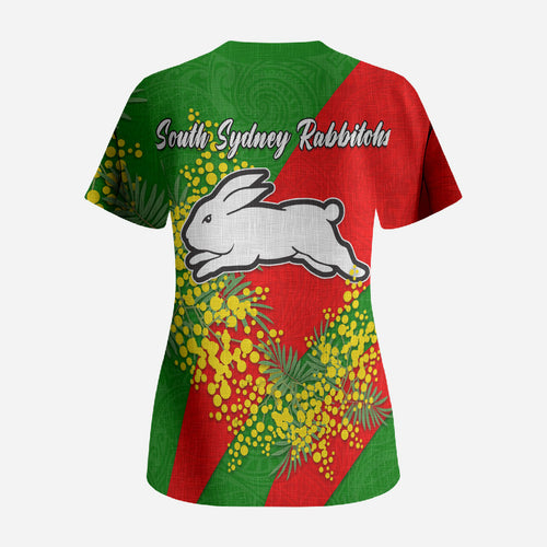 South Sydney Rabbitohs Scrub Top Golden Wattle Floral Polynesian - Australian Flower - Rugby Mascot