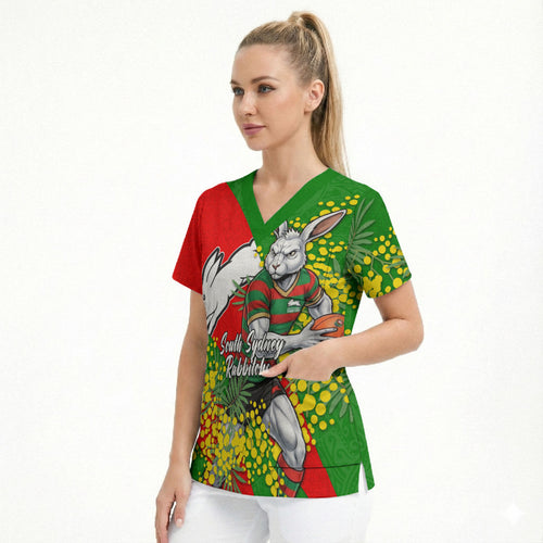 South Sydney Rabbitohs Scrub Top Golden Wattle Floral Polynesian - Australian Flower - Rugby Mascot