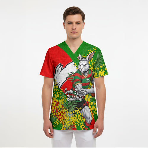 South Sydney Rabbitohs Scrub Top Golden Wattle Floral Polynesian - Australian Flower - Rugby Mascot