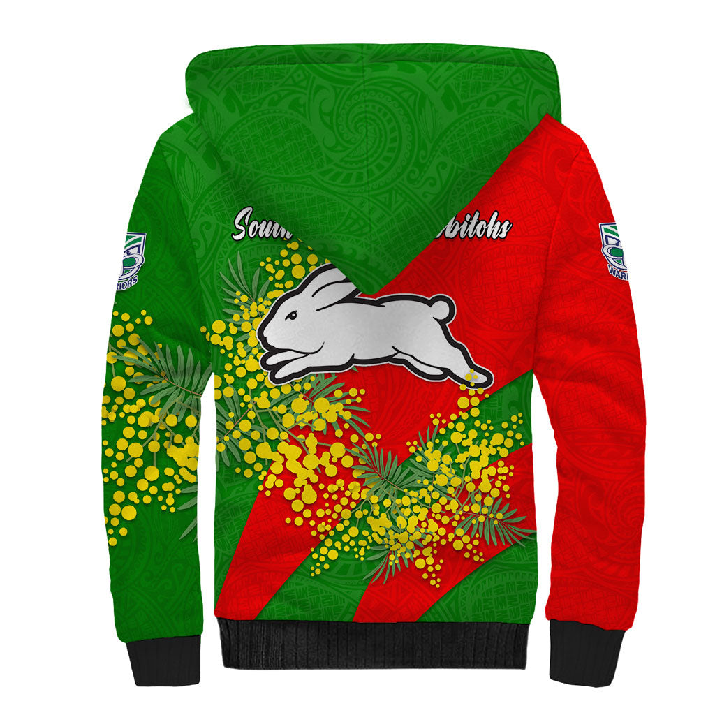 South Sydney Rabbitohs Sherpa Hoodie Golden Wattle Floral Polynesian - Australian Flower - Rugby Mascot