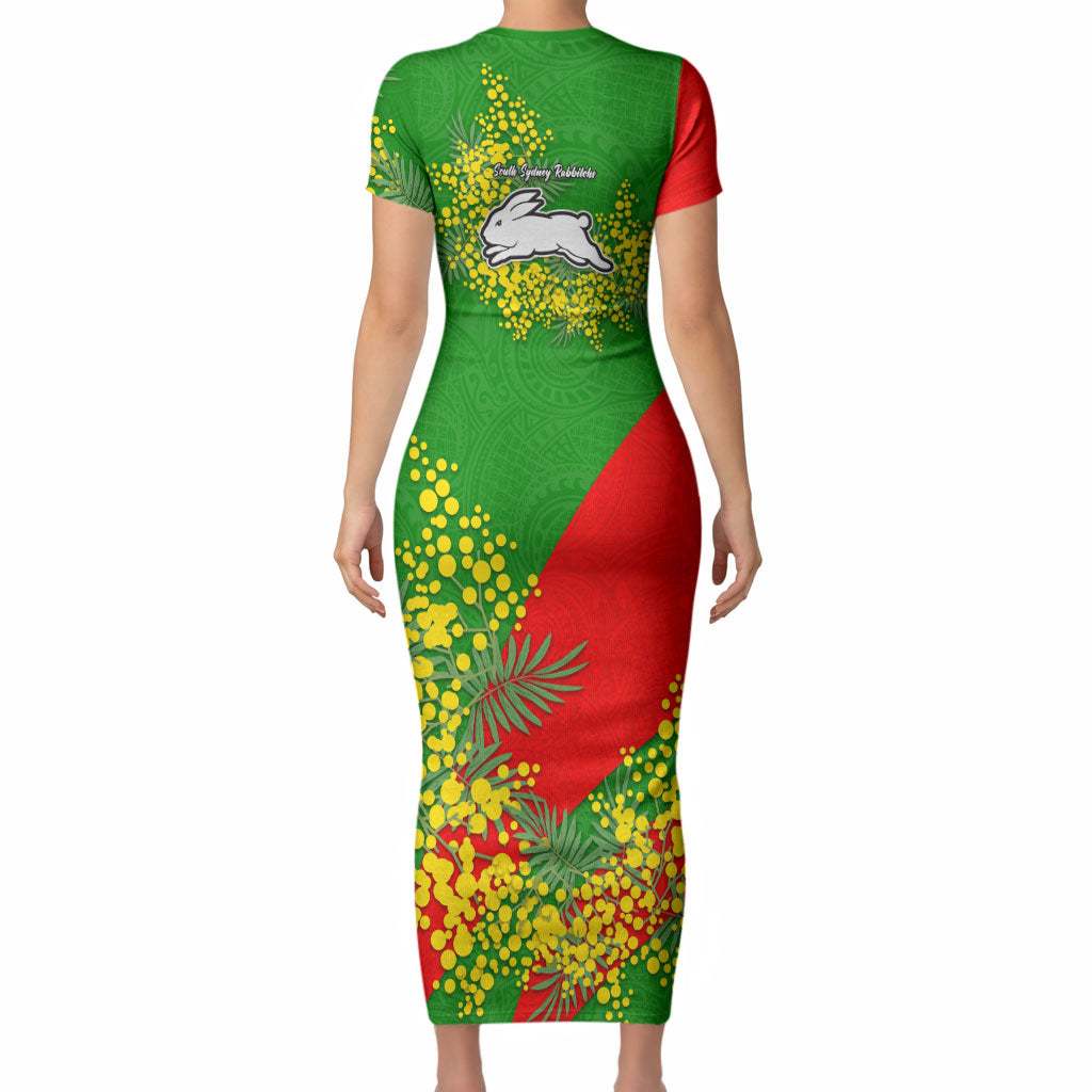 South Sydney Rabbitohs Short Sleeve Bodycon Dress Golden Wattle Floral Polynesian - Australian Flower - Rugby Mascot