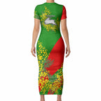 South Sydney Rabbitohs Short Sleeve Bodycon Dress Golden Wattle Floral Polynesian - Australian Flower - Rugby Mascot