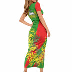 South Sydney Rabbitohs Short Sleeve Bodycon Dress Golden Wattle Floral Polynesian - Australian Flower - Rugby Mascot