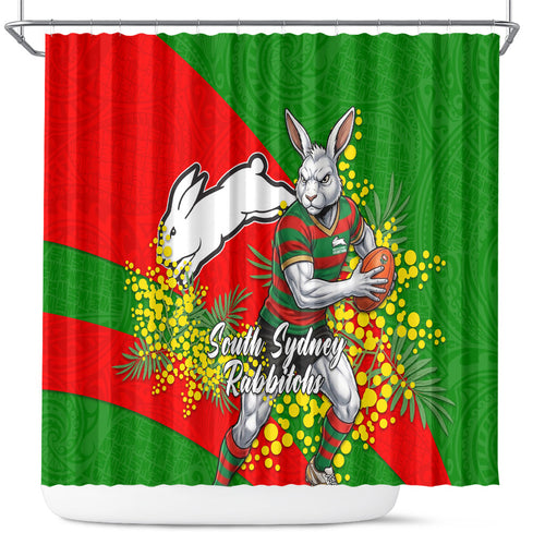 South Sydney Rabbitohs Shower Curtain Golden Wattle Floral Polynesian - Australian Flower - Rugby Mascot