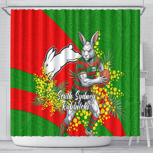 South Sydney Rabbitohs Shower Curtain Golden Wattle Floral Polynesian - Australian Flower - Rugby Mascot