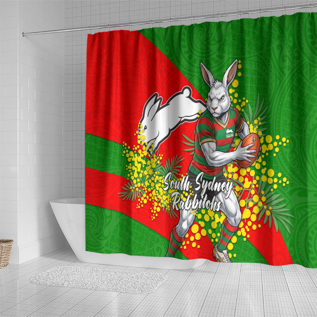South Sydney Rabbitohs Shower Curtain Golden Wattle Floral Polynesian - Australian Flower - Rugby Mascot