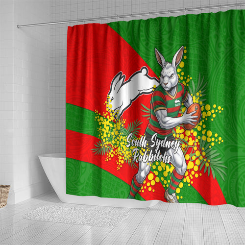 South Sydney Rabbitohs Shower Curtain Golden Wattle Floral Polynesian - Australian Flower - Rugby Mascot