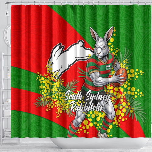South Sydney Rabbitohs Shower Curtain Golden Wattle Floral Polynesian - Australian Flower - Rugby Mascot