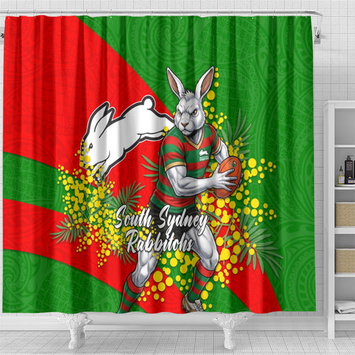South Sydney Rabbitohs Shower Curtain Golden Wattle Floral Polynesian - Australian Flower - Rugby Mascot