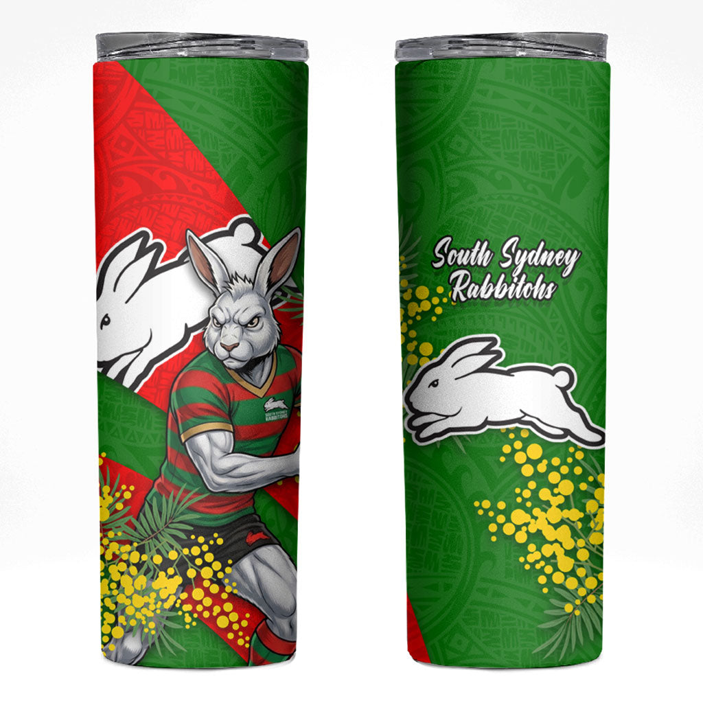 South Sydney Rabbitohs Skinny Tumbler Golden Wattle Floral Polynesian - Australian Flower - Rugby Mascot