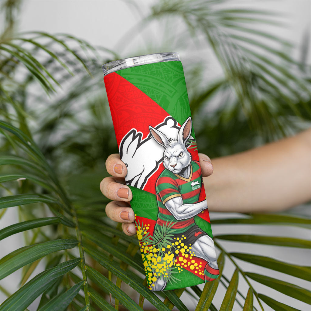 South Sydney Rabbitohs Skinny Tumbler Golden Wattle Floral Polynesian - Australian Flower - Rugby Mascot