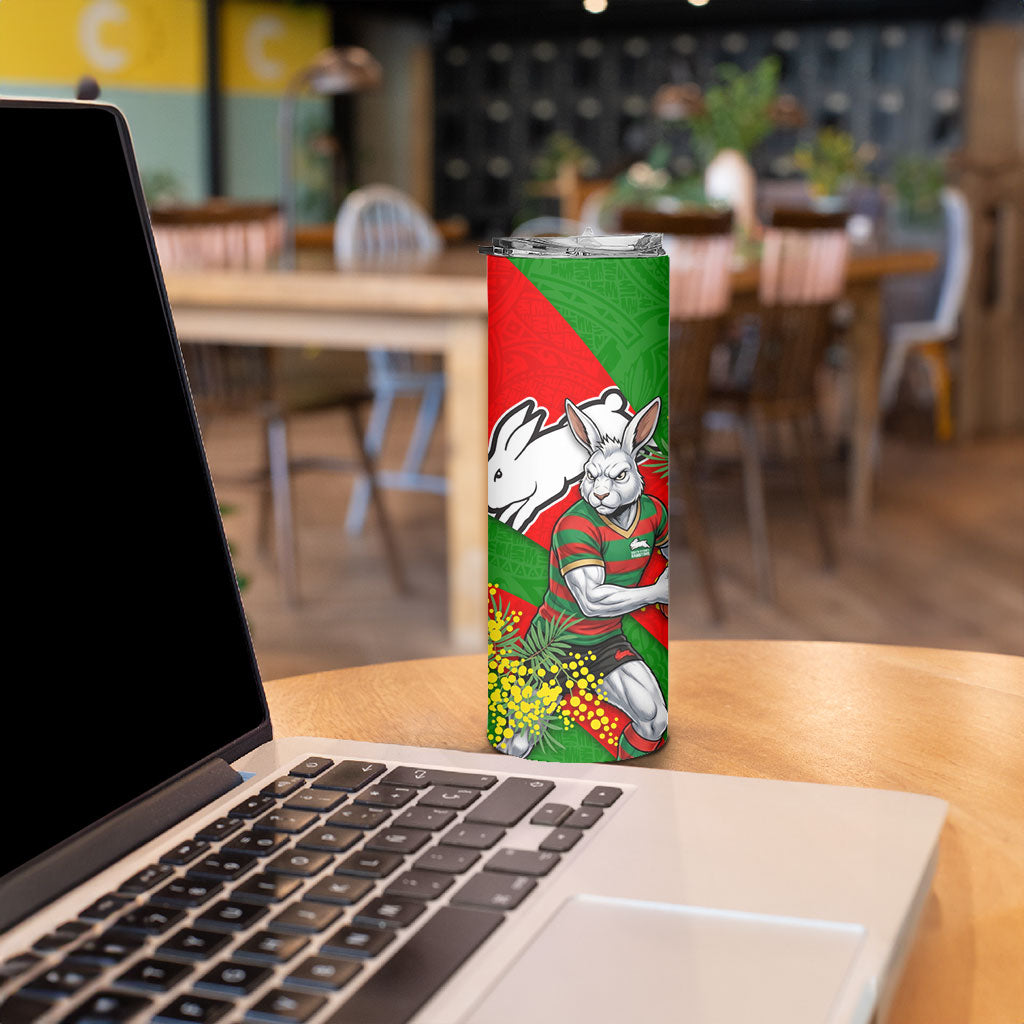 South Sydney Rabbitohs Skinny Tumbler Golden Wattle Floral Polynesian - Australian Flower - Rugby Mascot