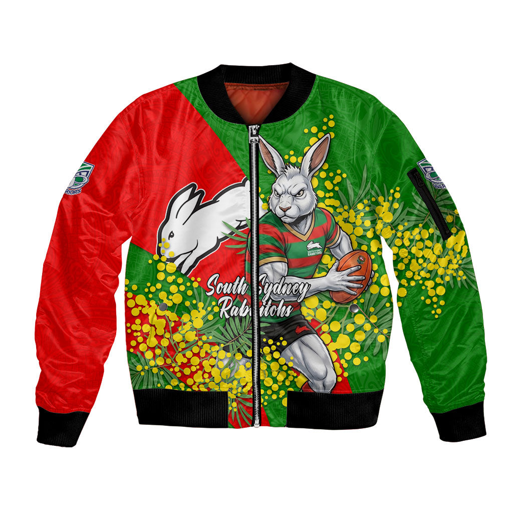 South Sydney Rabbitohs Sleeve Zip Bomber Jacket Golden Wattle Floral Polynesian - Australian Flower - Rugby Mascot