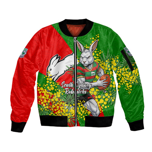 South Sydney Rabbitohs Sleeve Zip Bomber Jacket Golden Wattle Floral Polynesian - Australian Flower - Rugby Mascot