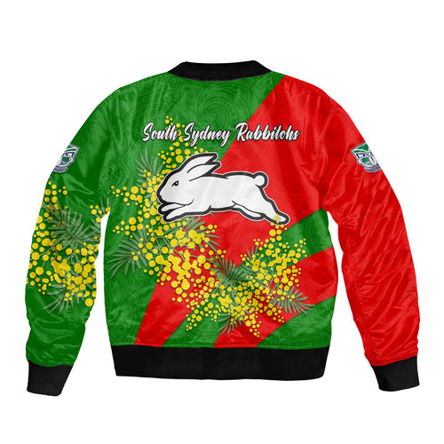 South Sydney Rabbitohs Sleeve Zip Bomber Jacket Golden Wattle Floral Polynesian - Australian Flower - Rugby Mascot