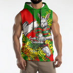 South Sydney Rabbitohs Sleeveless Hoodie Golden Wattle Floral Polynesian - Australian Flower - Rugby Mascot