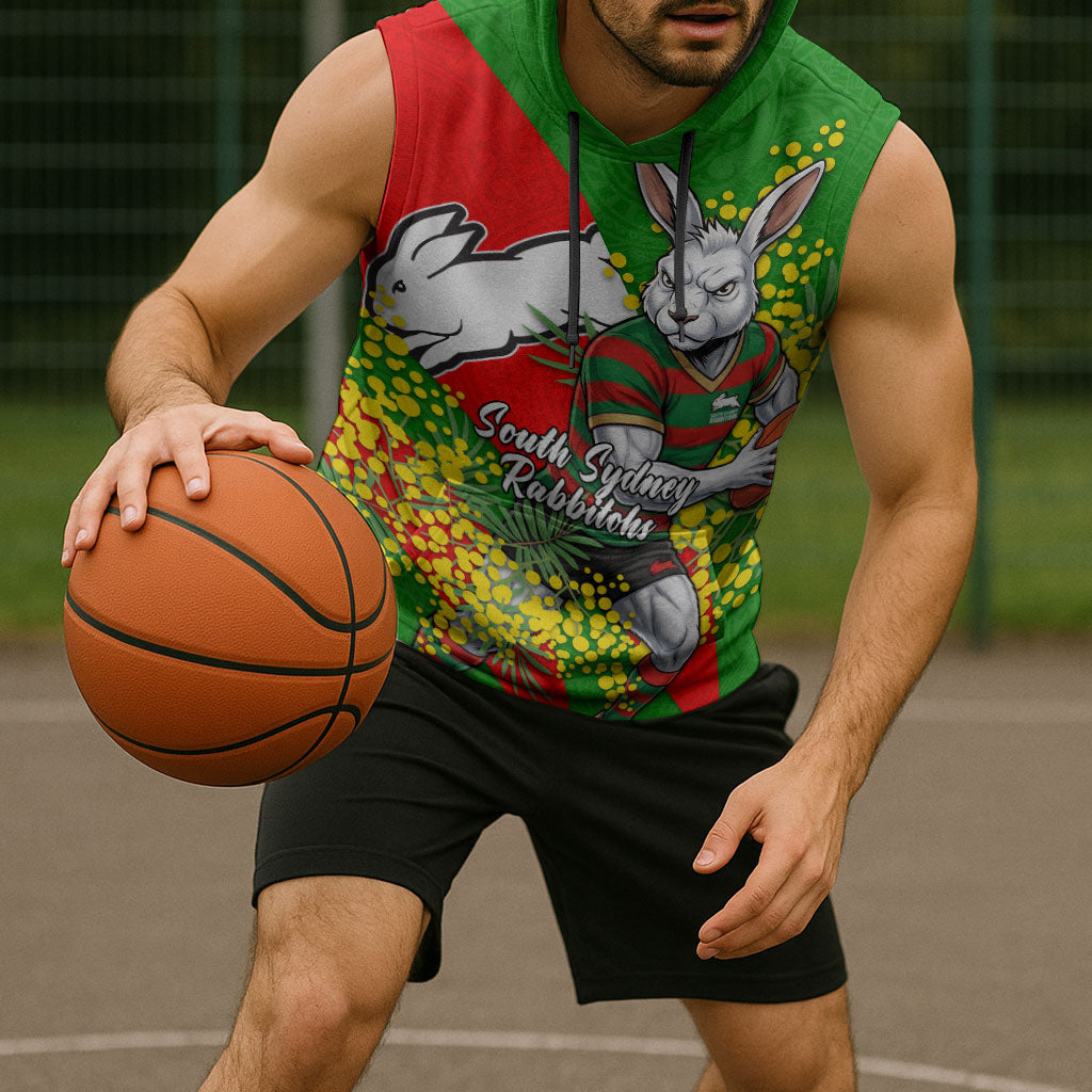 South Sydney Rabbitohs Sleeveless Hoodie Golden Wattle Floral Polynesian - Australian Flower - Rugby Mascot