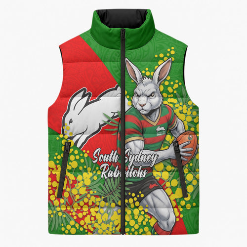 South Sydney Rabbitohs Sleeveless Puffer Jacket Golden Wattle Floral Polynesian - Australian Flower - Rugby Mascot