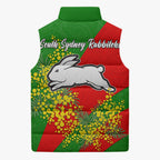 South Sydney Rabbitohs Sleeveless Puffer Jacket Golden Wattle Floral Polynesian - Australian Flower - Rugby Mascot
