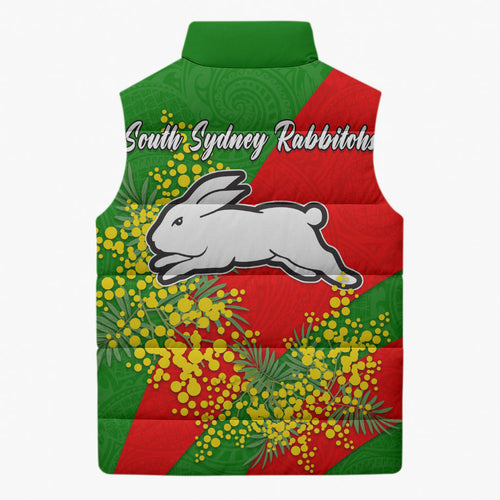 South Sydney Rabbitohs Sleeveless Puffer Jacket Golden Wattle Floral Polynesian - Australian Flower - Rugby Mascot