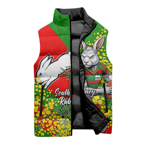 South Sydney Rabbitohs Sleeveless Puffer Jacket Golden Wattle Floral Polynesian - Australian Flower - Rugby Mascot