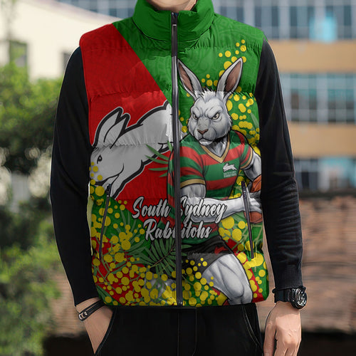 South Sydney Rabbitohs Sleeveless Puffer Jacket Golden Wattle Floral Polynesian - Australian Flower - Rugby Mascot