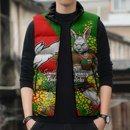 South Sydney Rabbitohs Sleeveless Puffer Jacket Golden Wattle Floral Polynesian - Australian Flower - Rugby Mascot