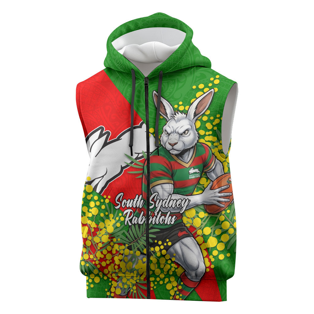 South Sydney Rabbitohs Sleeveless Zip Hoodie Golden Wattle Floral Polynesian - Australian Flower - Rugby Mascot