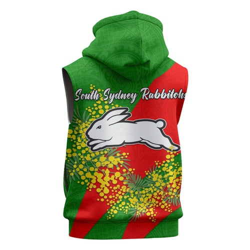 South Sydney Rabbitohs Sleeveless Zip Hoodie Golden Wattle Floral Polynesian - Australian Flower - Rugby Mascot