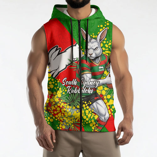 South Sydney Rabbitohs Sleeveless Zip Hoodie Golden Wattle Floral Polynesian - Australian Flower - Rugby Mascot