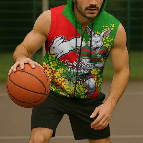South Sydney Rabbitohs Sleeveless Zip Hoodie Golden Wattle Floral Polynesian - Australian Flower - Rugby Mascot
