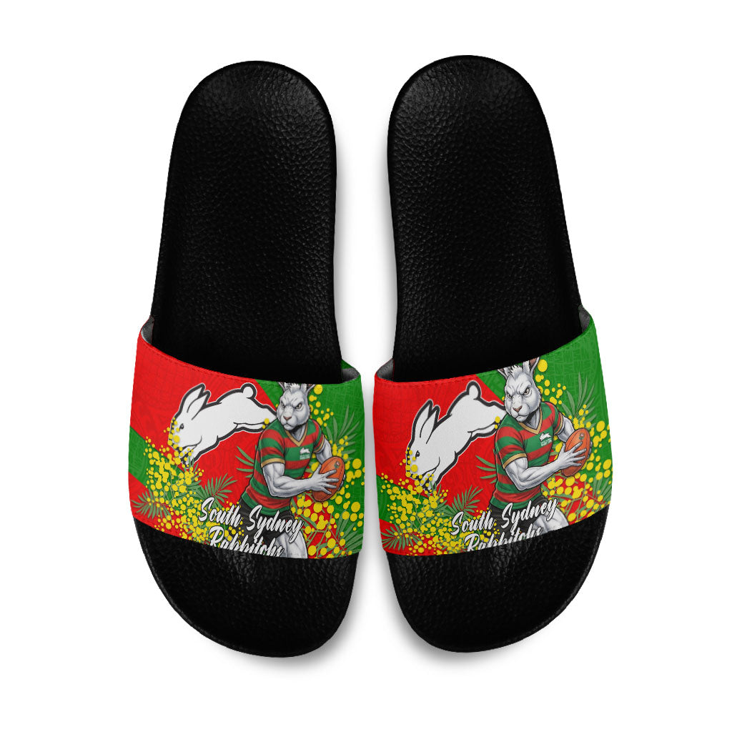 South Sydney Rabbitohs Slide Sandals Golden Wattle Floral Polynesian - Australian Flower - Rugby Mascot