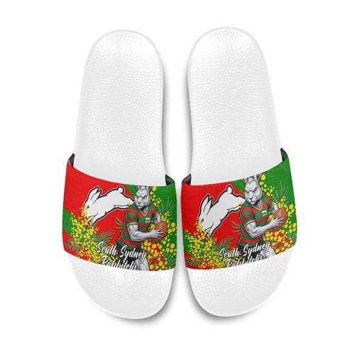 South Sydney Rabbitohs Slide Sandals Golden Wattle Floral Polynesian - Australian Flower - Rugby Mascot
