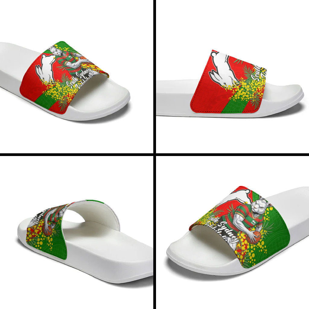 South Sydney Rabbitohs Slide Sandals Golden Wattle Floral Polynesian - Australian Flower - Rugby Mascot