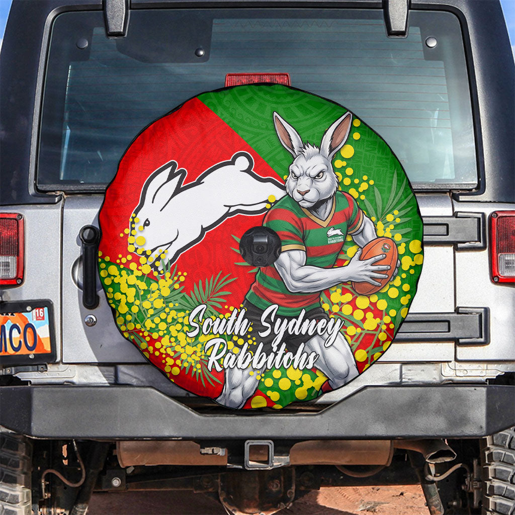 South Sydney Rabbitohs Spare Tire Cover Golden Wattle Floral Polynesian - Australian Flower - Rugby Mascot
