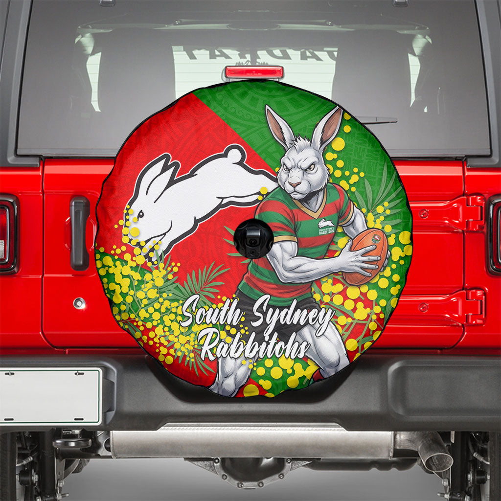 South Sydney Rabbitohs Spare Tire Cover Golden Wattle Floral Polynesian - Australian Flower - Rugby Mascot