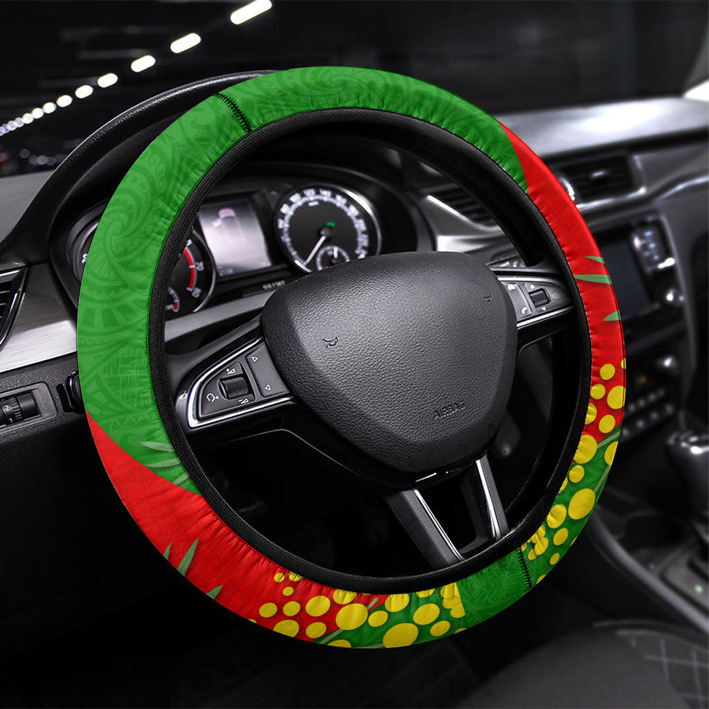 South Sydney Rabbitohs Steering Wheel Cover Golden Wattle Floral Polynesian - Australian Flower - Rugby Mascot