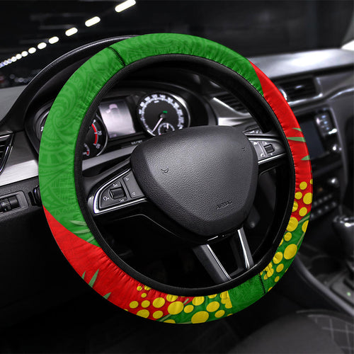 South Sydney Rabbitohs Steering Wheel Cover Golden Wattle Floral Polynesian - Australian Flower - Rugby Mascot